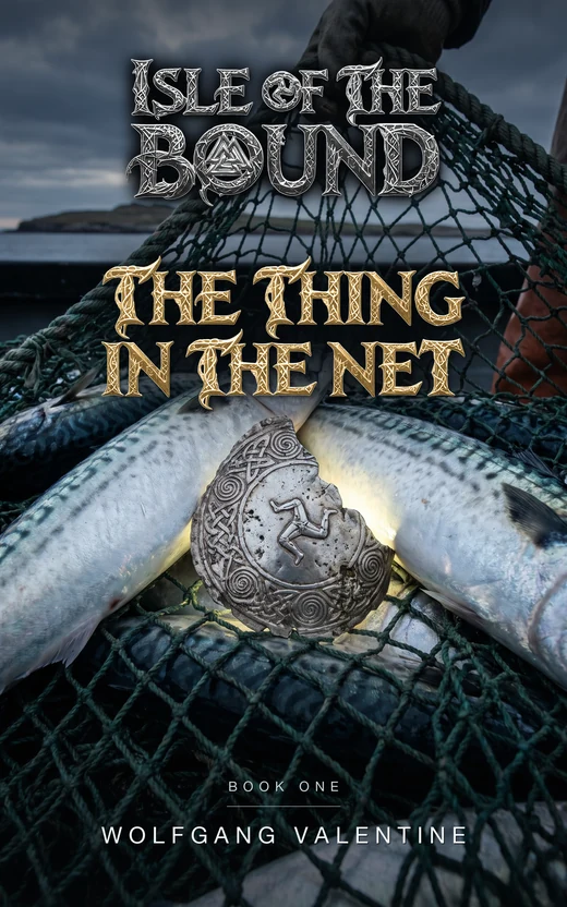 Cover of The Thing in the Net: a small cold-silver relic glowing faintly, half-buried in a herring net at night.